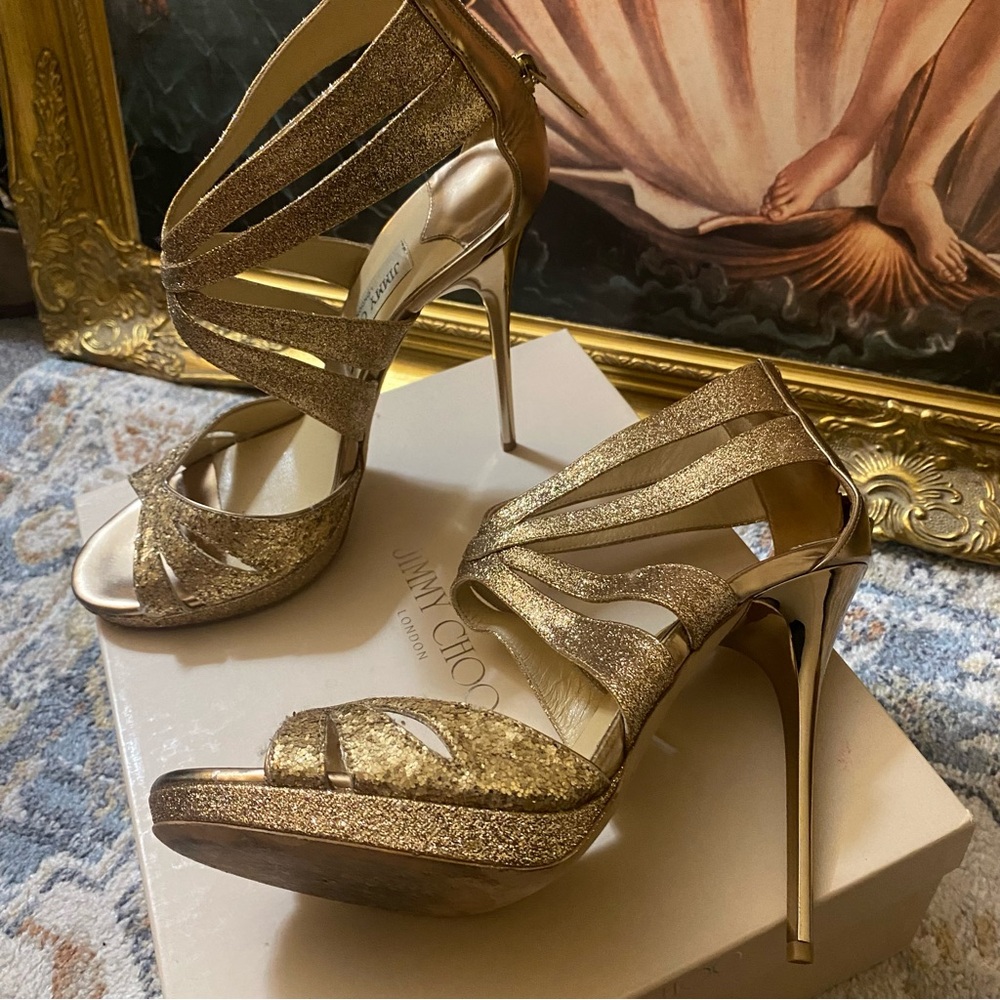 Authentic Jimmy Choo gold glitter zip up metallic sequin stiletto heels size 40